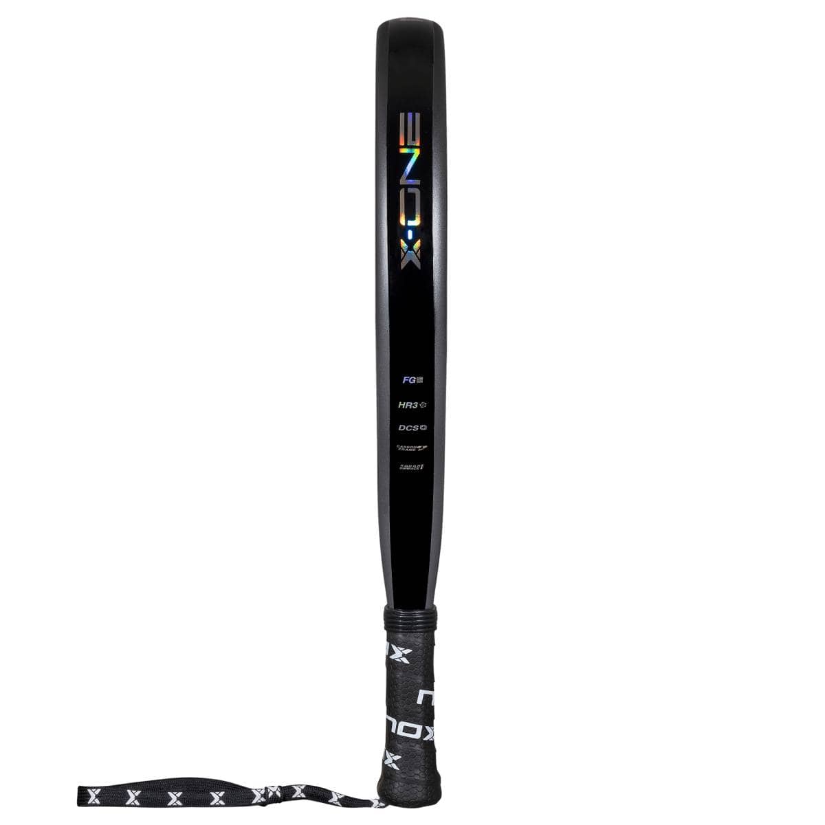 A black NOX X-One 2026 Padel Racket with a reflective "NOX" logo, white label beneath, and a wrapped handle with wrist strap featuring a repeating "X" pattern—ideal for beginners seeking control-focused performance.