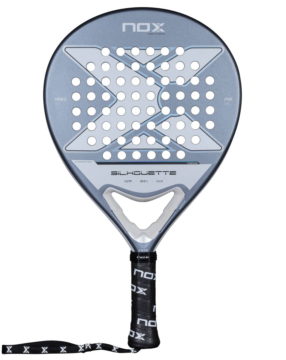 The NOX X-One Silhouette 2026 Padel Racket by NOX is a beginner-friendly round racket with a perforated face and black handle wrapped in NOX grip tape, shown on a white background.